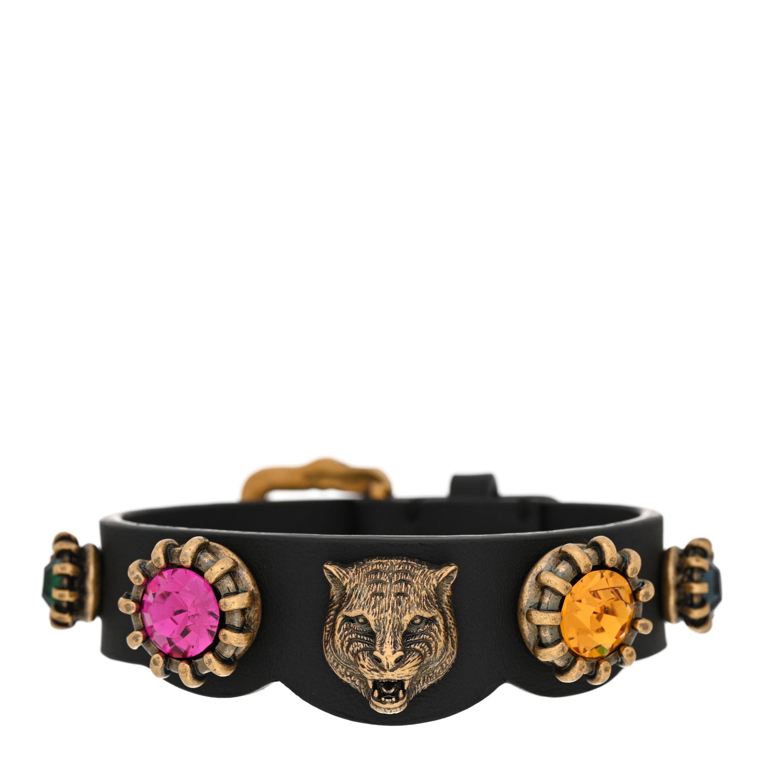 Gucci Calfskin Crystal Feline Heads Bracelet Black 1 of 7