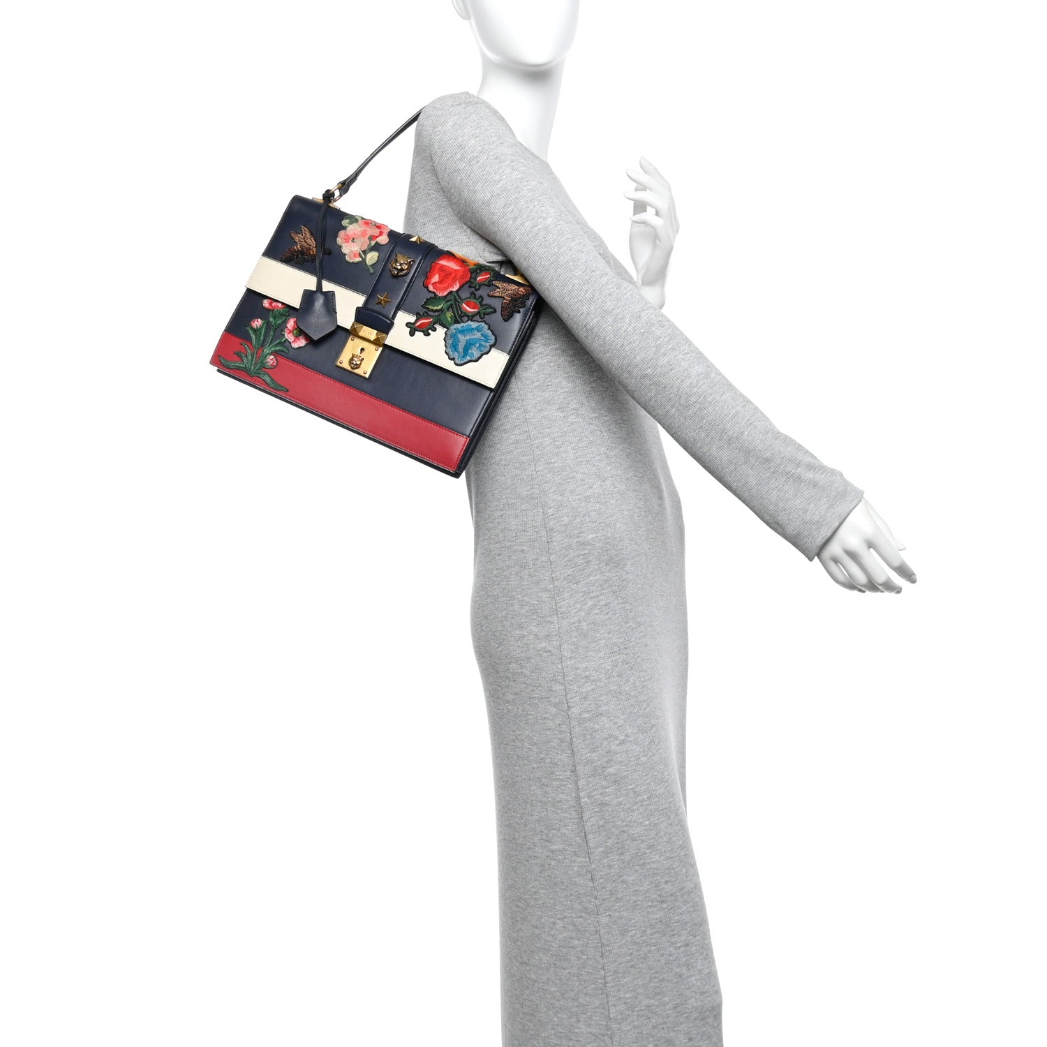 Gucci Calfskin Embroidered Riche Stripe Shoulder Bag Blue Red 2 of 11