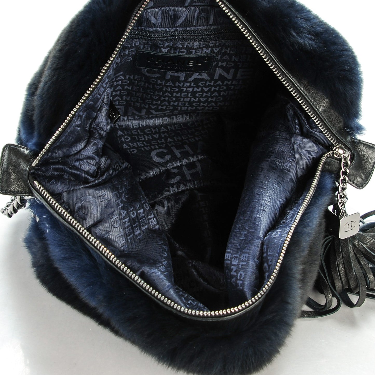 Rabbit Fur Triple Chain Small Shoulder Bag Black Navy