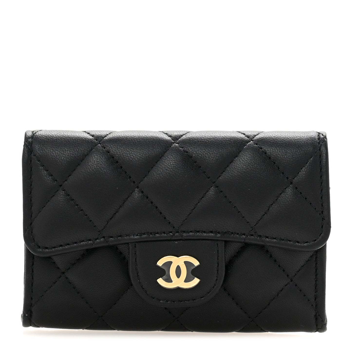Lambskin Quilted Flap Card Holder Wallet Black