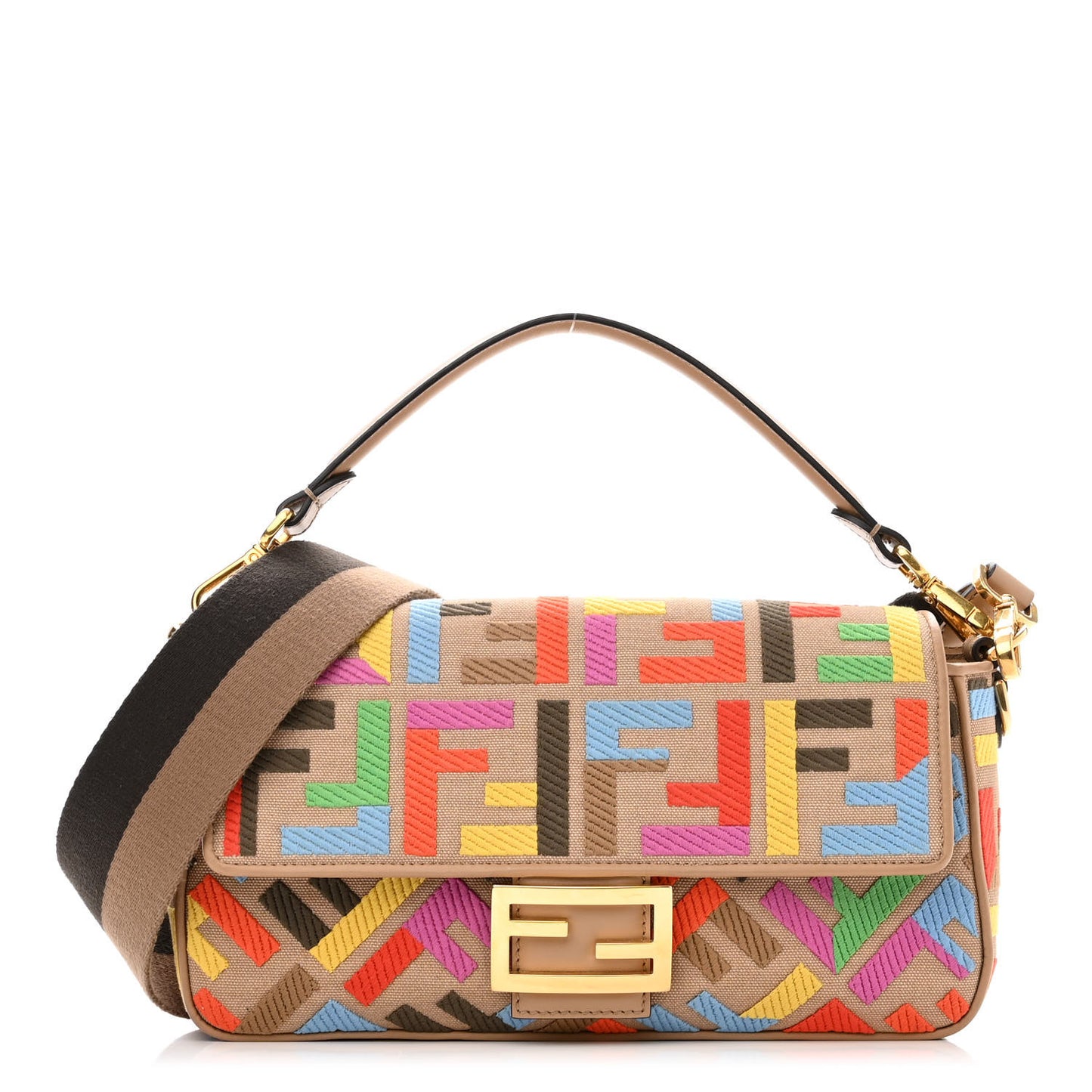 Canvas Vitello King FF Multicolor Embroidered Baguette Multicolor Cuoio