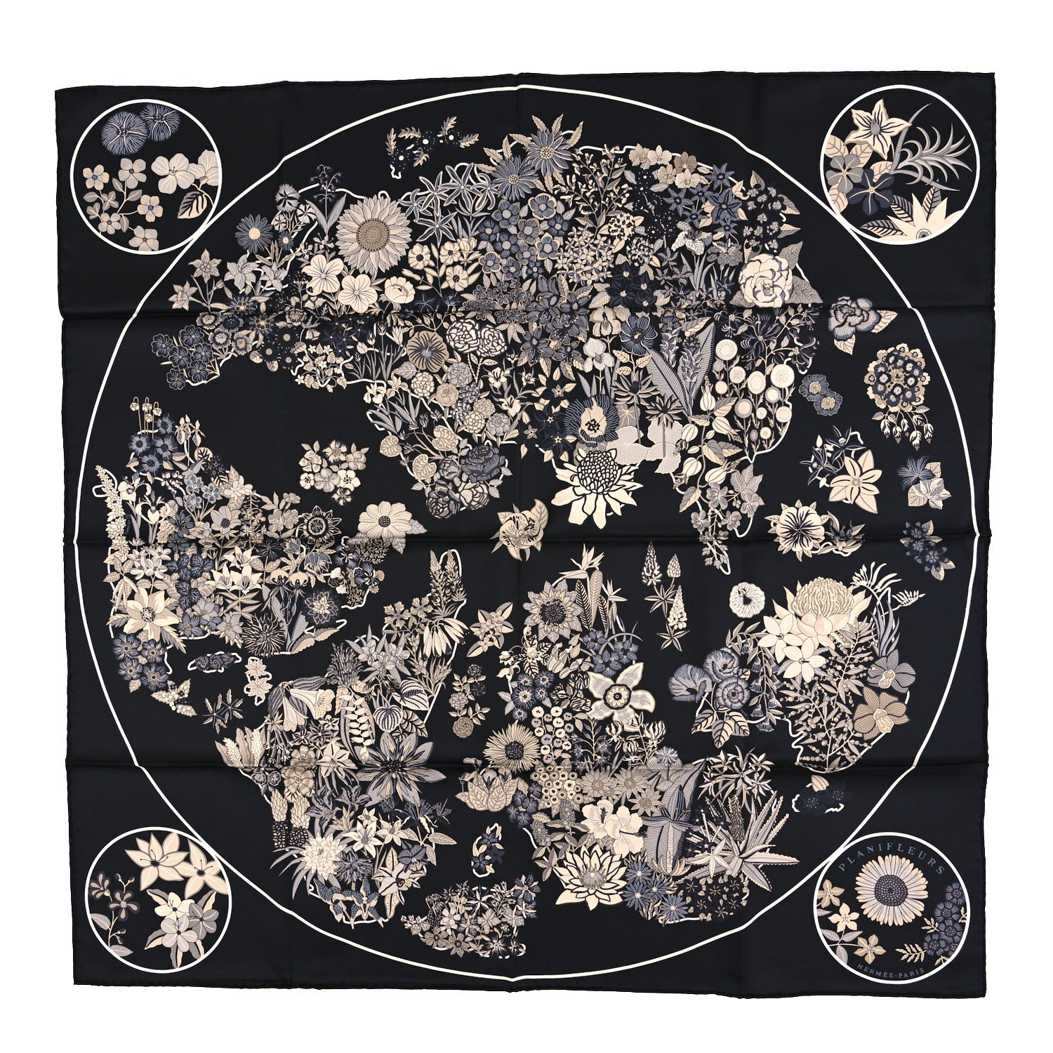 Hermes Silk Planifleurs Scarf 90 Black Gris Parchemin 1 of 3