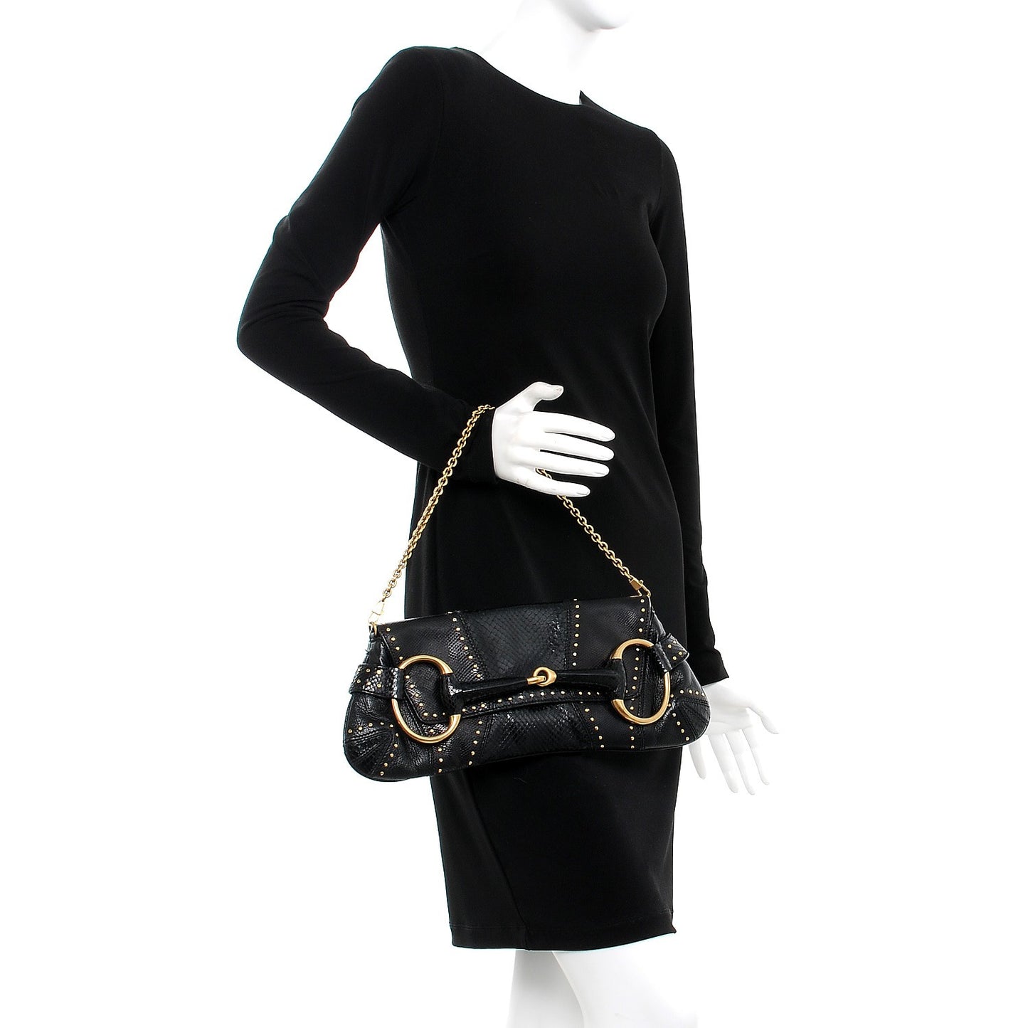 Python Studded Horsebit Chain Clutch Black