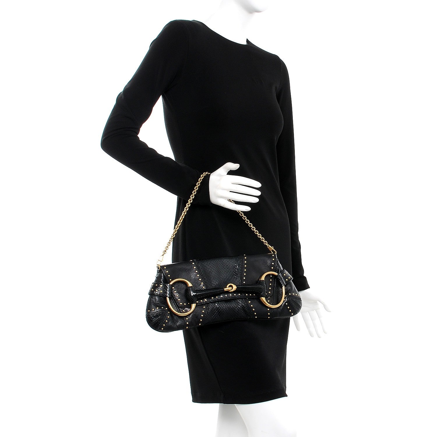 Gucci Python Studded Horsebit Chain Clutch Black 2 of 9