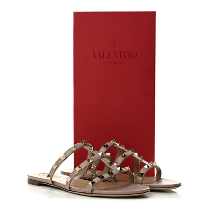 Valentino Garavani Calfskin Rockstud Caged Flat Slide Sandals 37 Poudre 10 of 10