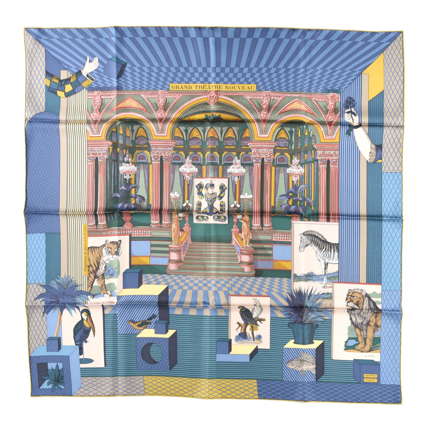 Silk Twill Grande Theatre Nouveau Scarf 90 Bleu Jean Vert Moutarde