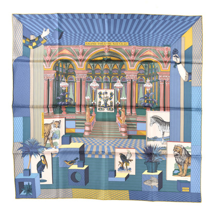 Hermes Silk Twill Grande Theatre Nouveau Scarf 90 Bleu Jean Vert Moutarde 1 of 3