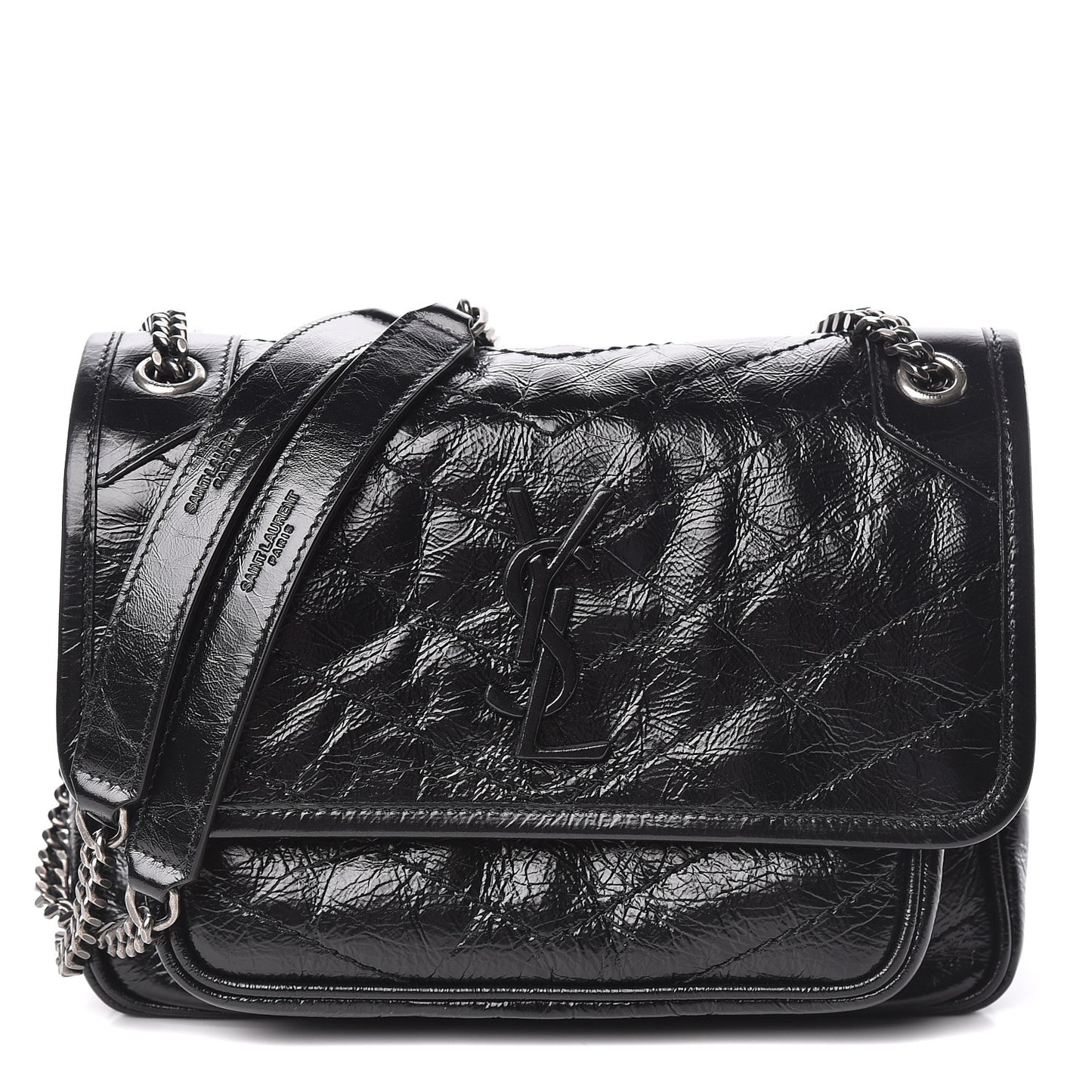 Crinkled Calfskin Matelasse Monogram Baby Niki Chain Satchel Black