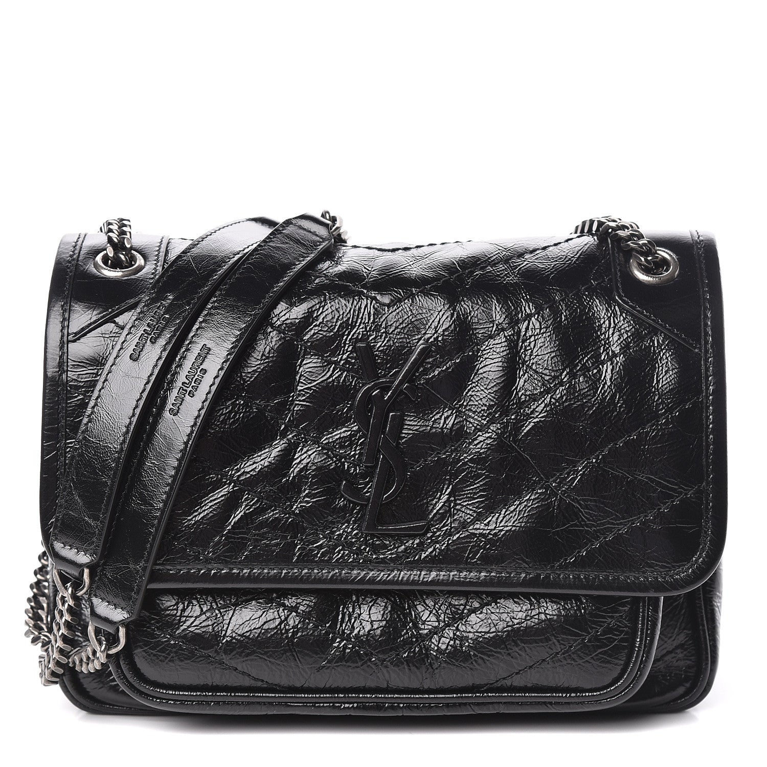 Saint Laurent Crinkled Calfskin Matelasse Monogram Baby Niki Chain Satchel Black 1 of 10