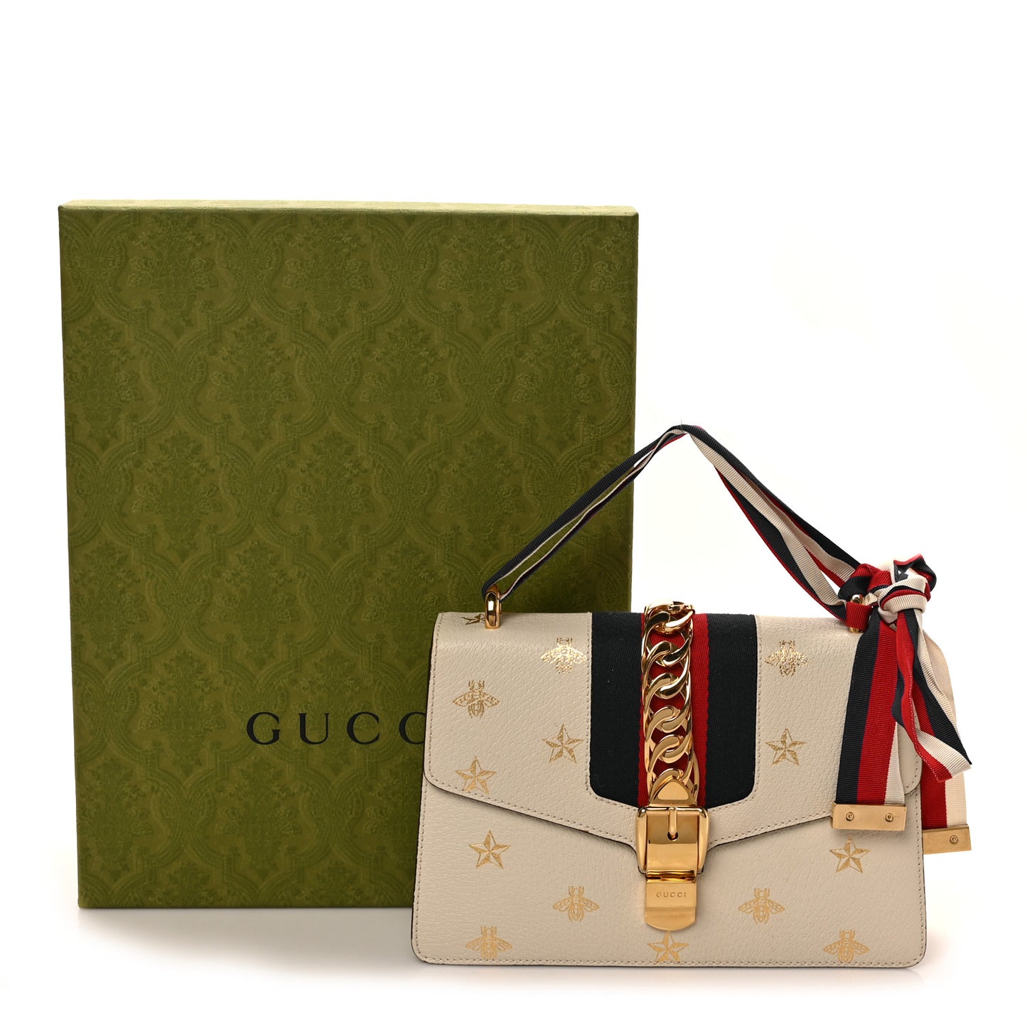 Textured Calfskin Bee Star Print Small Sylvie Shoulder Bag Mystic White
