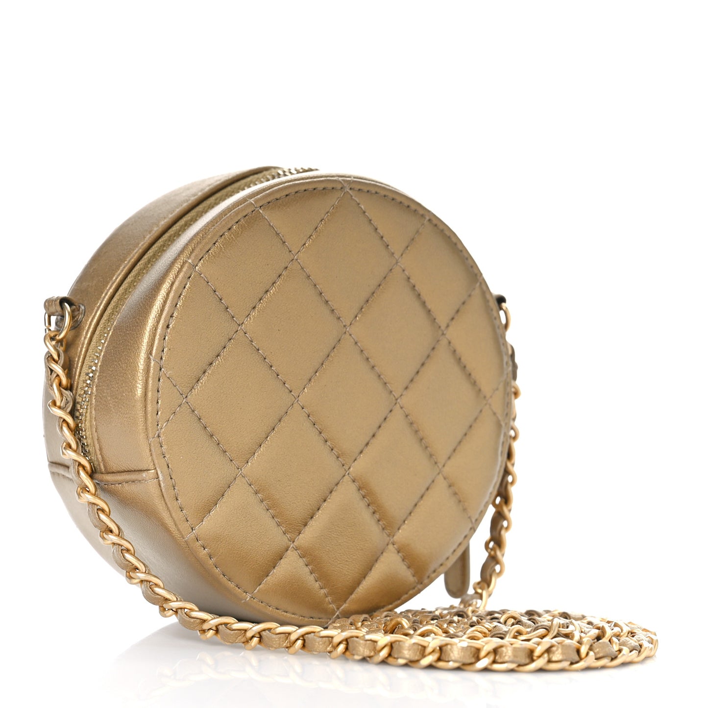 Metallic Lambskin Quilted Egyptian Amulet Round Clutch With Chain Gold