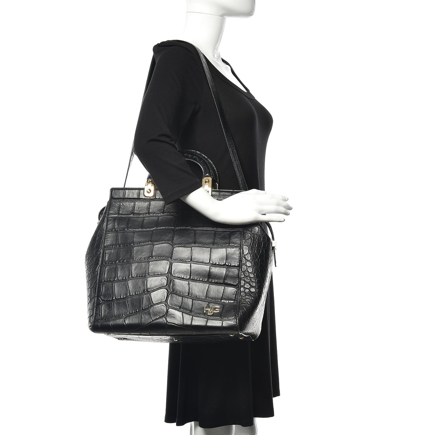 Calfskin Crocodile Embossed Medium HDG Top Handle Bag Black