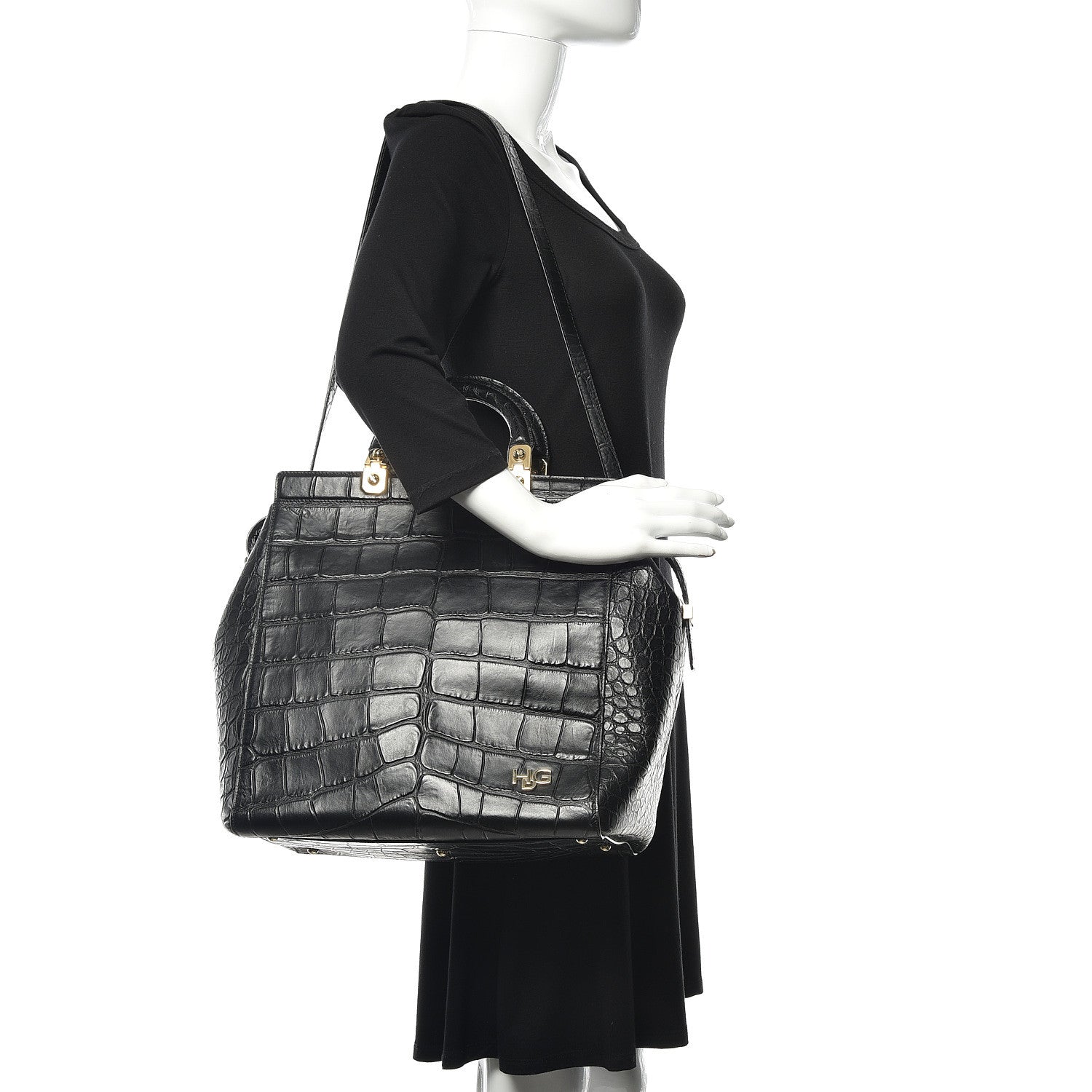 Givenchy Calfskin Crocodile Embossed Medium HDG Top Handle Bag Black 2 of 10