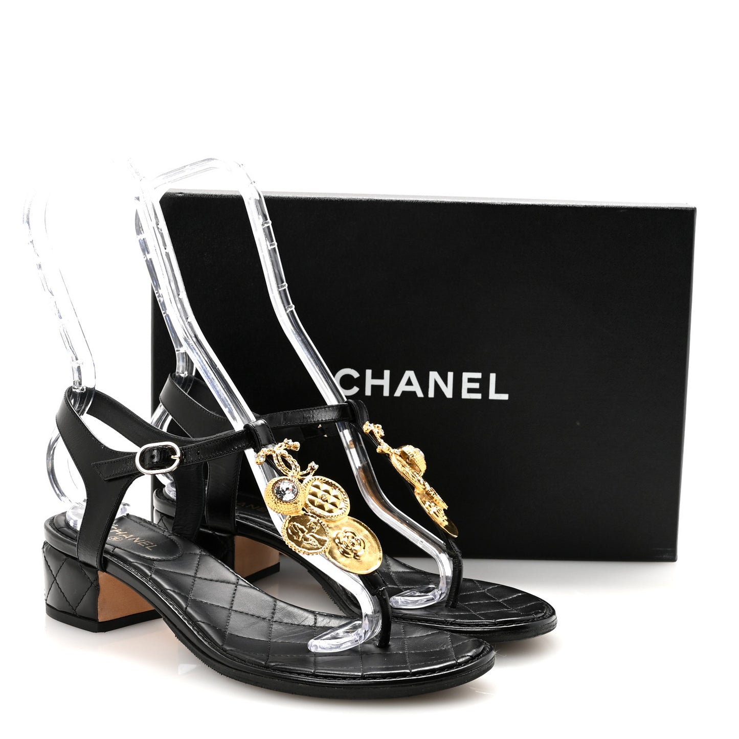 Calfskin Medallion CC Thong Sandals 38 Black