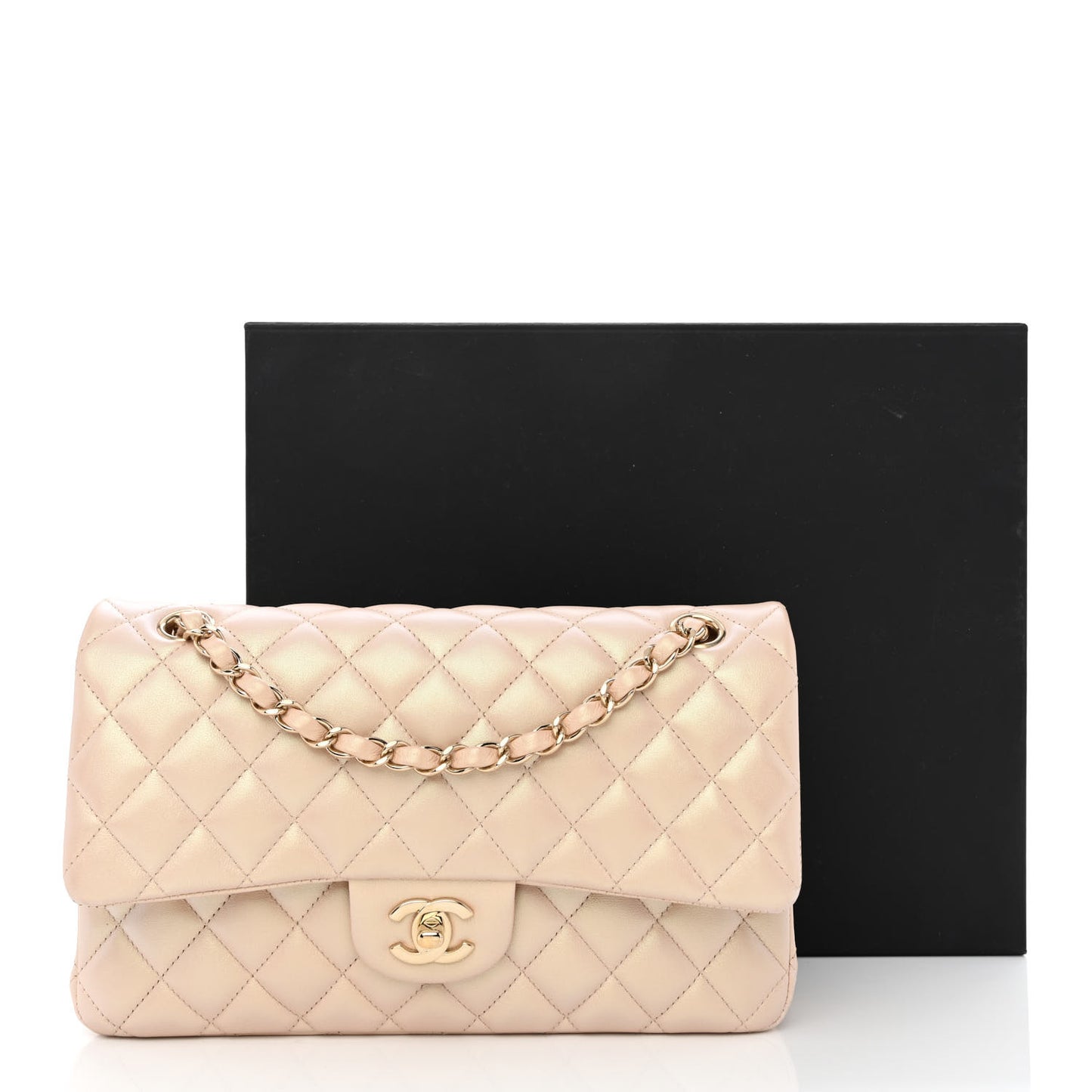 Iridescent Calfskin Quilted Medium Double Flap Beige