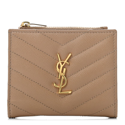 Saint Laurent Grain De Poudre Matelasse Chevron Monogram Zipped Card Case Deep Beige 1 of 6