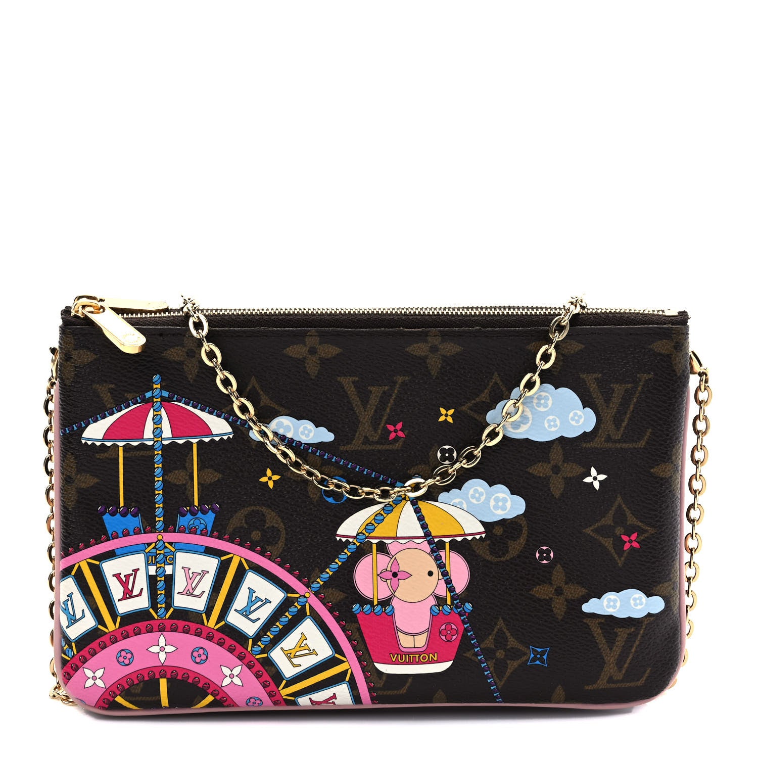 Louis Vuitton Monogram 2020 Christmas Animation Big Wheel Double Zip Pochette Rose Ballerine 1 of 9
