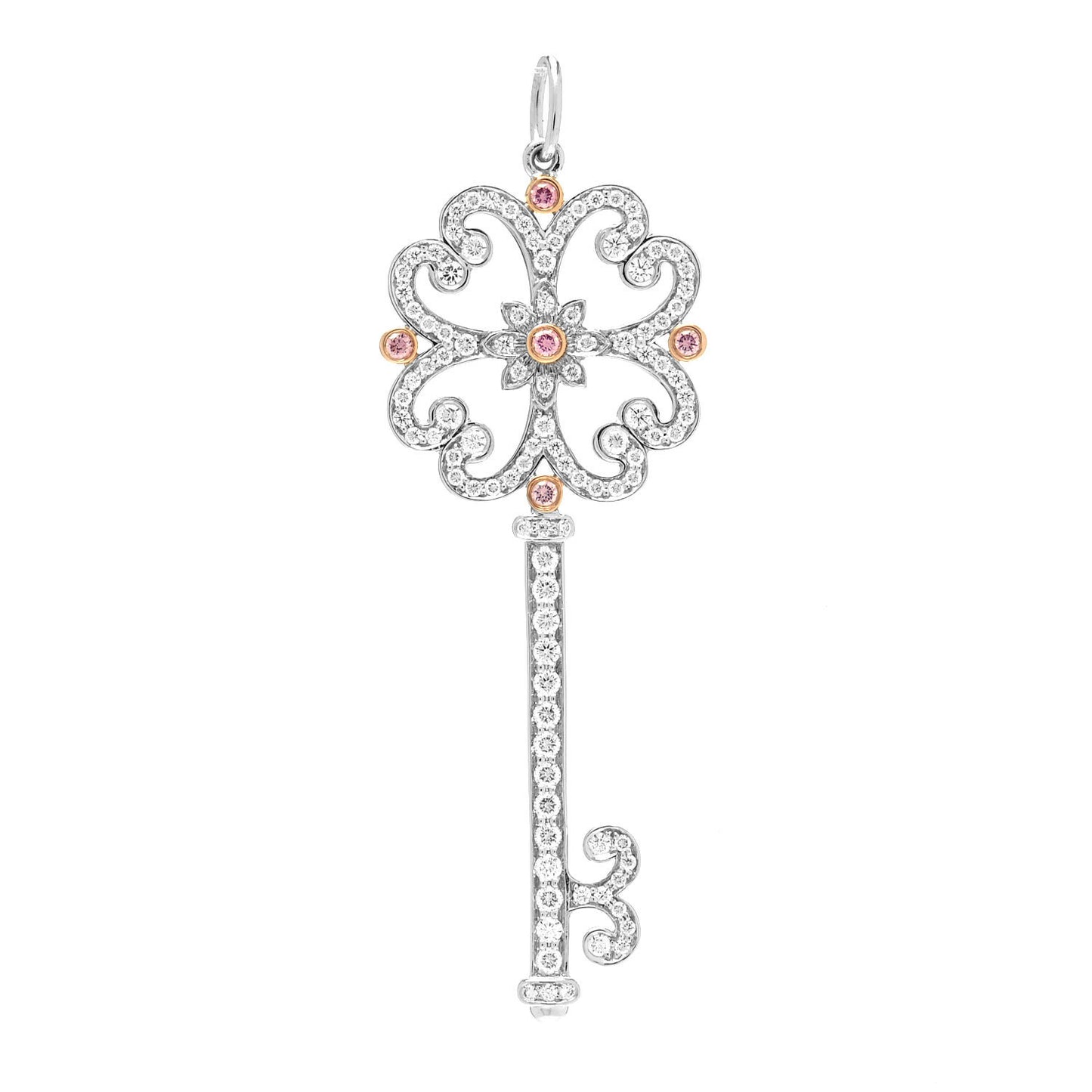 Platinum 18K Rose Gold Pink White Diamond Enchant Quatra Heart Key Pendant