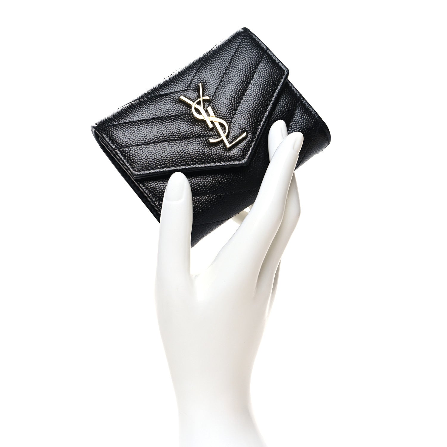 Saint Laurent Grain De Poudre Matelasse Chevron Monogram Compact Tri Fold Wallet Black 2 of 13