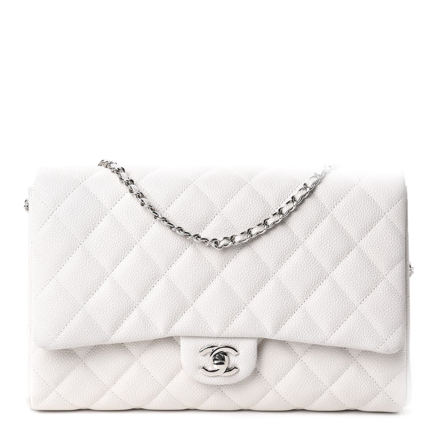 Caviar Quilted Clutch With Chain Flap White