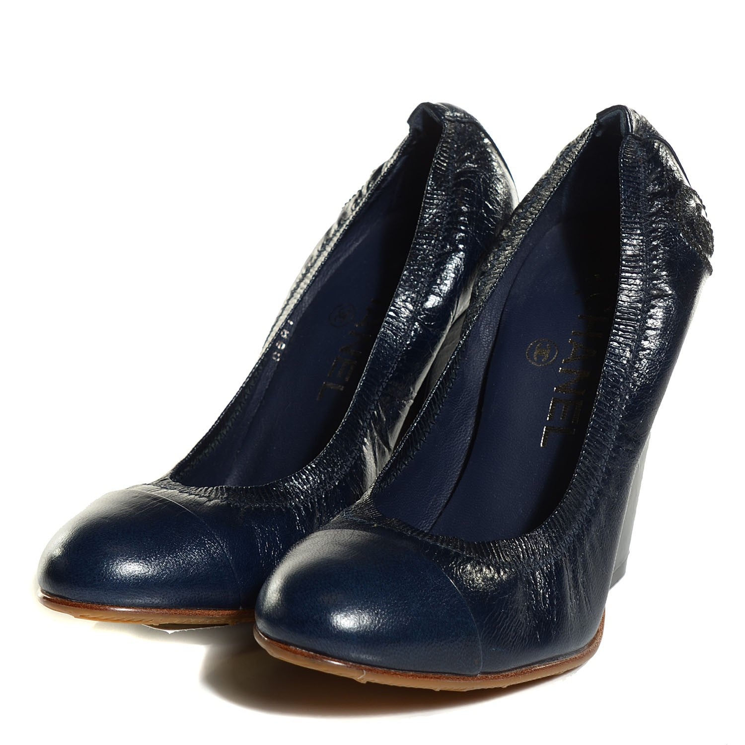 Chanel Glazed Goatskin CC Cap Toe Elastic Pumps 36 Blue 3 of 9