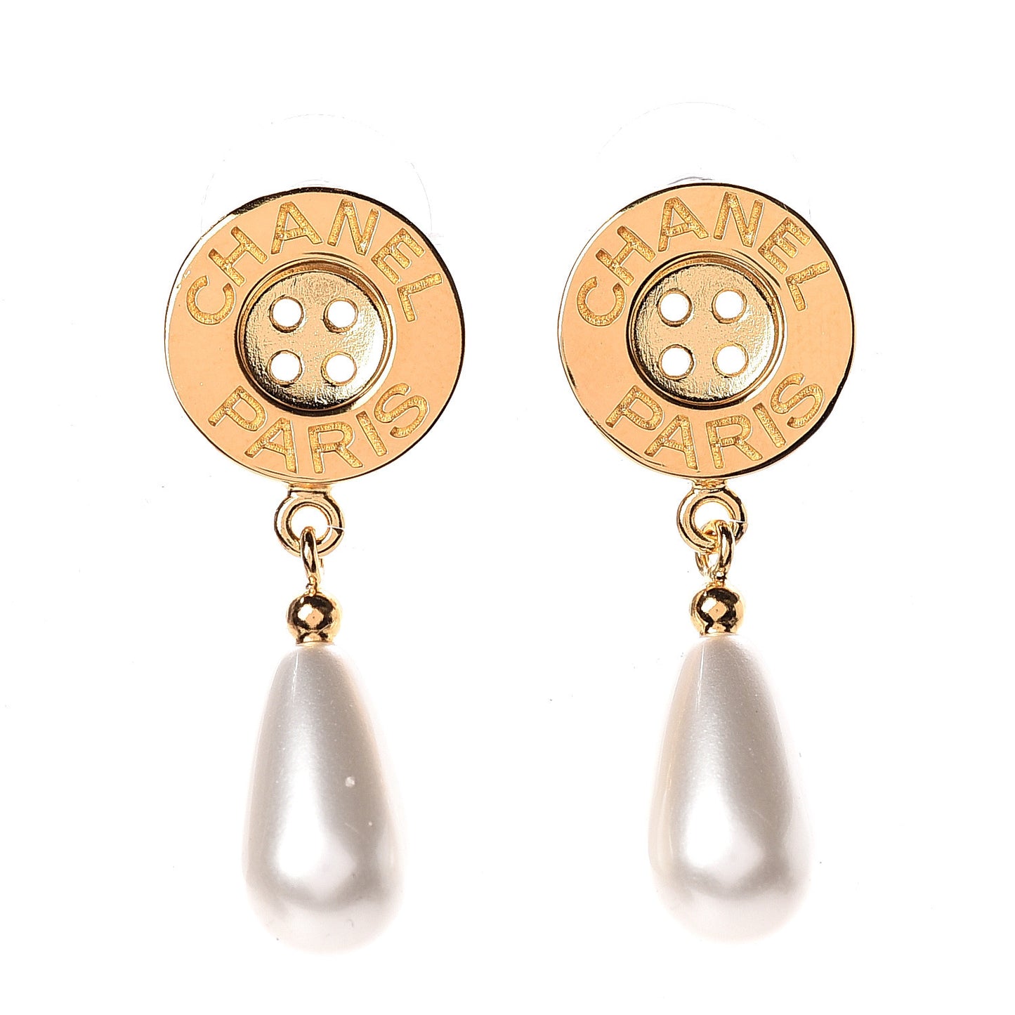 Metal Pearl Paris Button Drop Earrings Gold