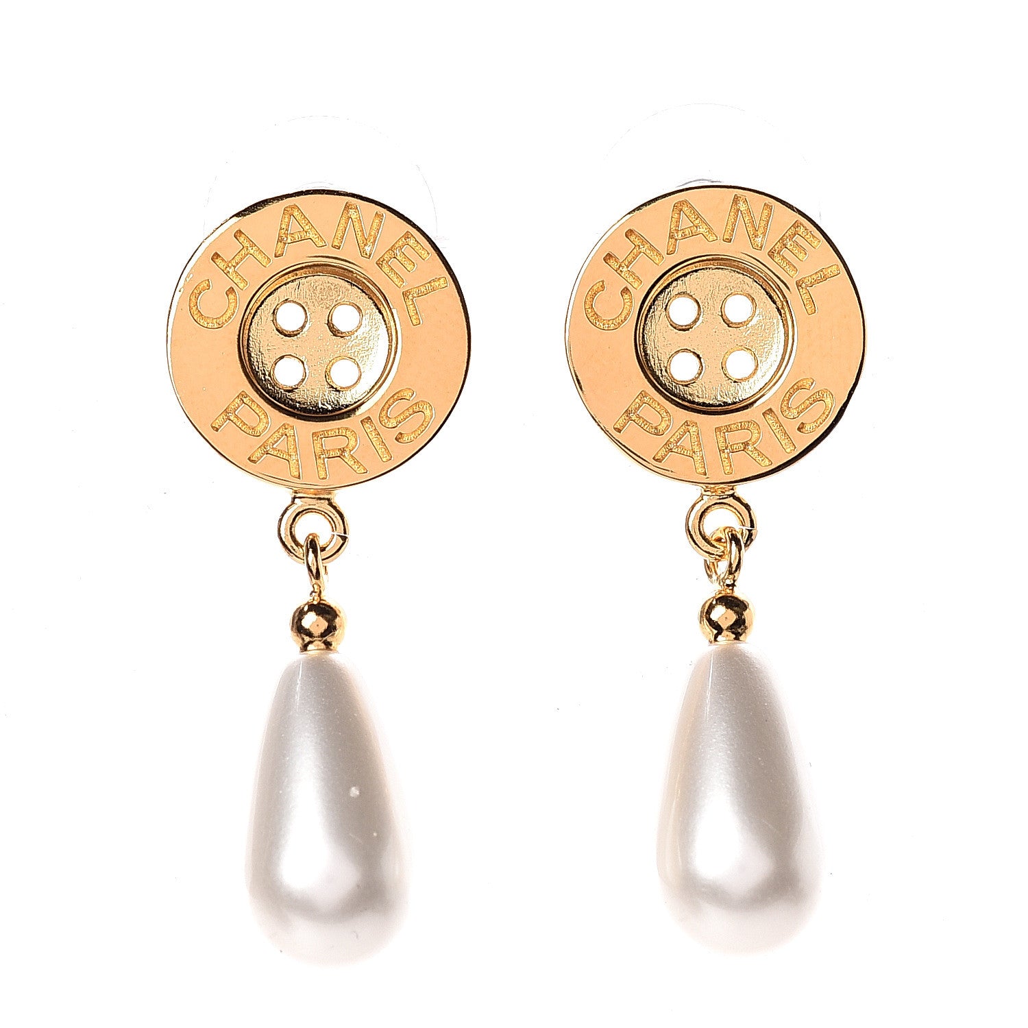 Chanel Metal Pearl Paris Button Drop Earrings Gold 1 of 4
