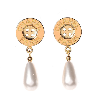 Chanel Metal Pearl Paris Button Drop Earrings Gold 1 of 4