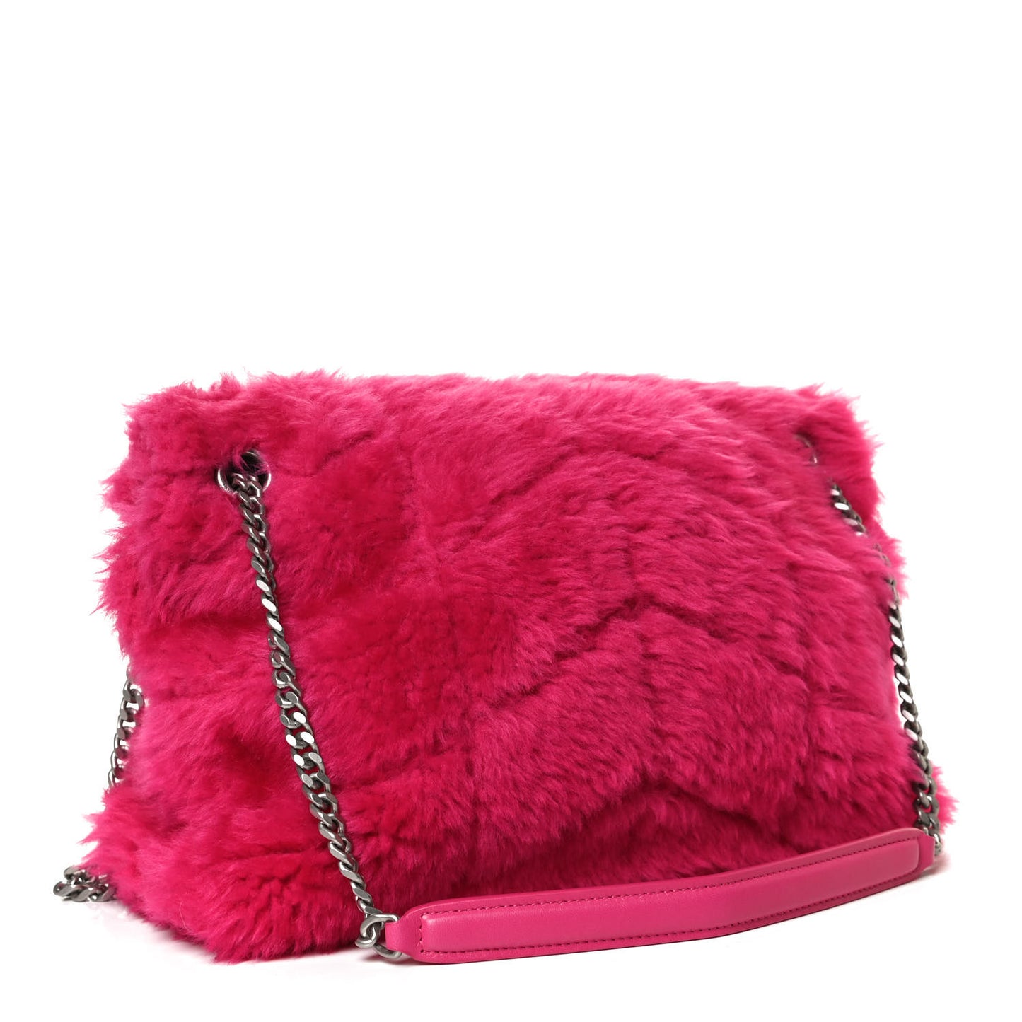 Merino Shearling Lambskin Quilted Small Loulou Puffer Monogram Chain Satchel Fuchsia