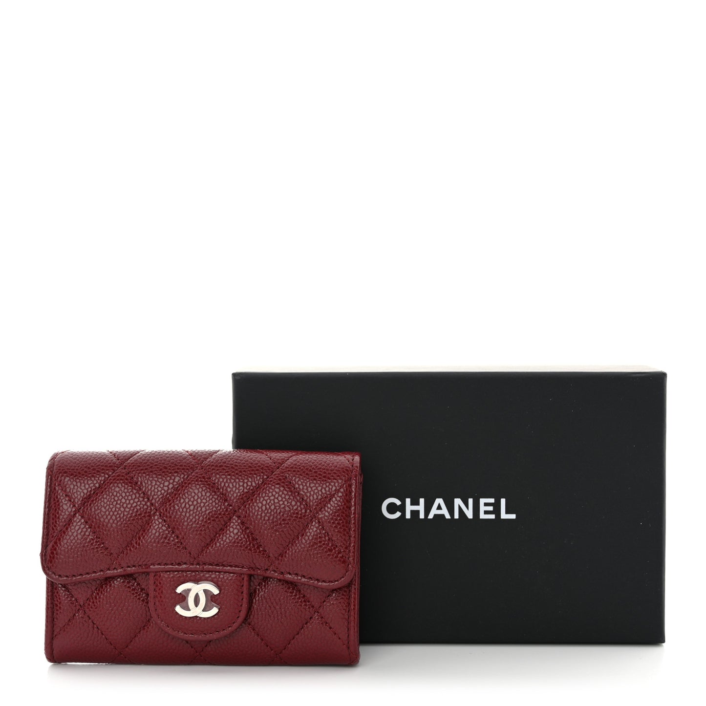 Caviar Quilted Flap Card Holder Wallet Burgundy