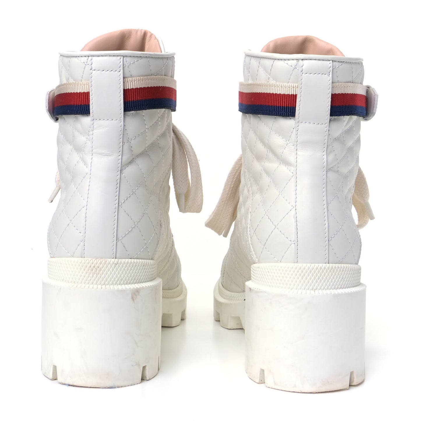 Calfskin Quilted Sylvie Web Lace Up Combat Ankle Boots 39.5 White