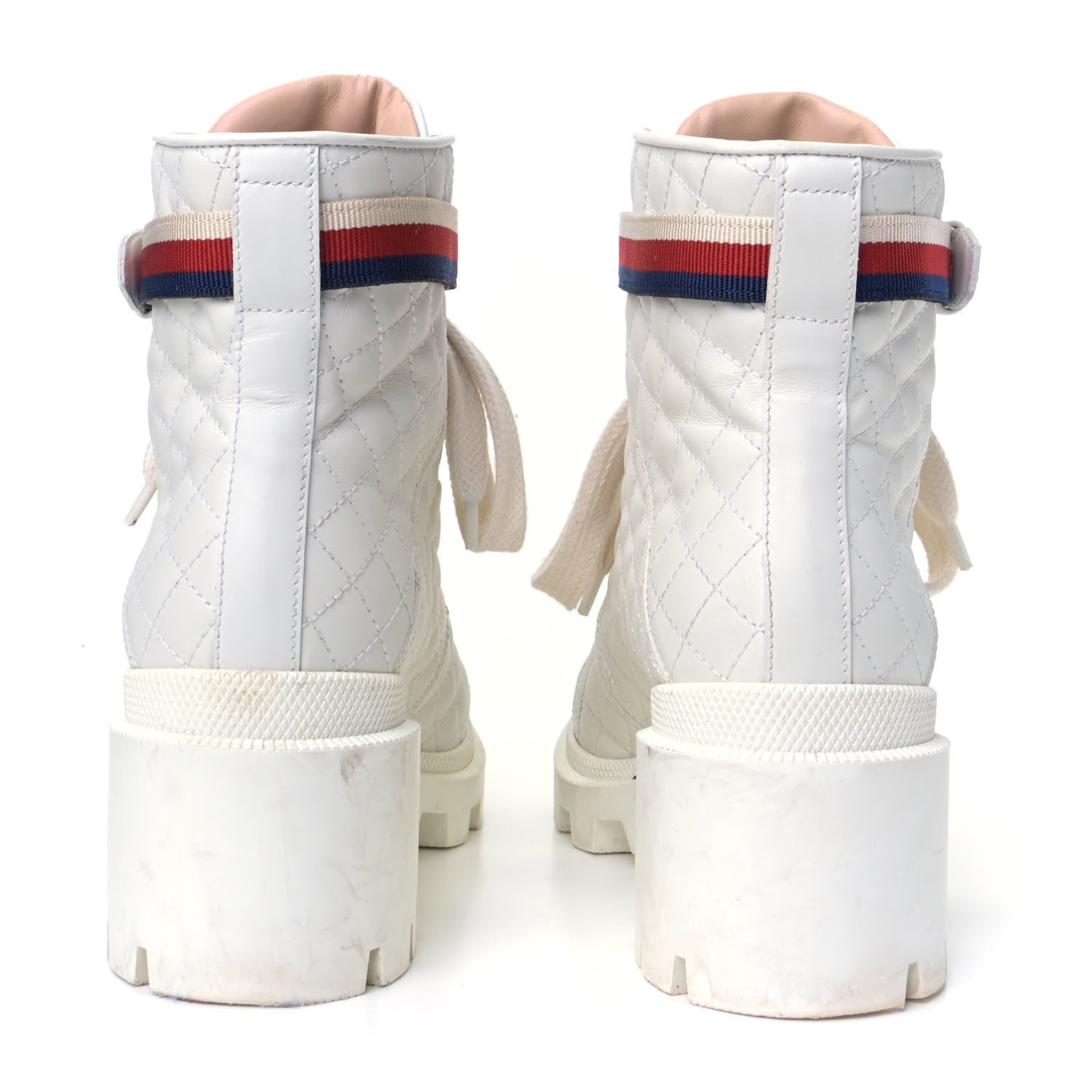 Gucci Calfskin Quilted Sylvie Web Lace Up Combat Ankle Boots 39.5 White 3 of 5