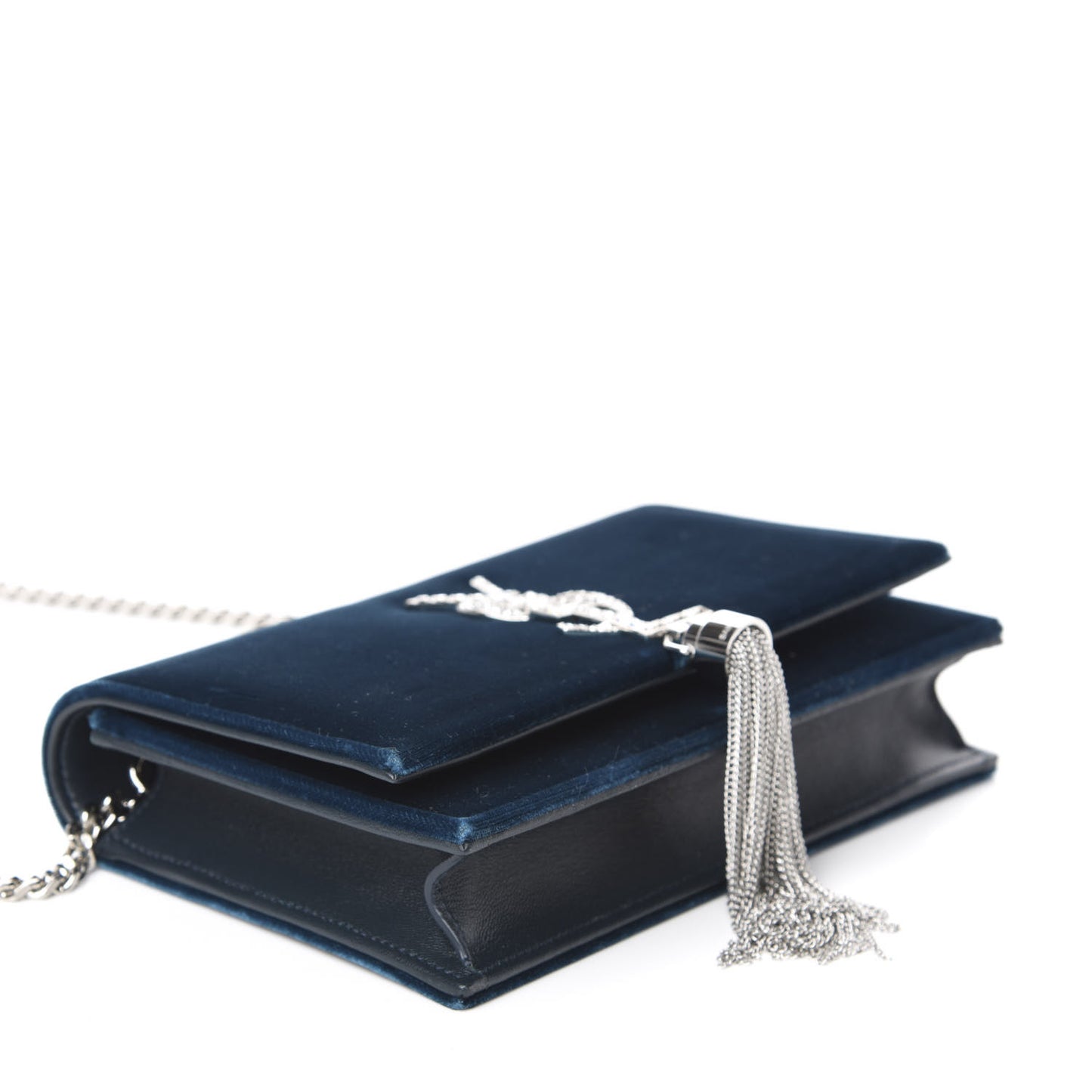 Velvet Crystal Monogram Kate Tassel Chain Wallet Blue
