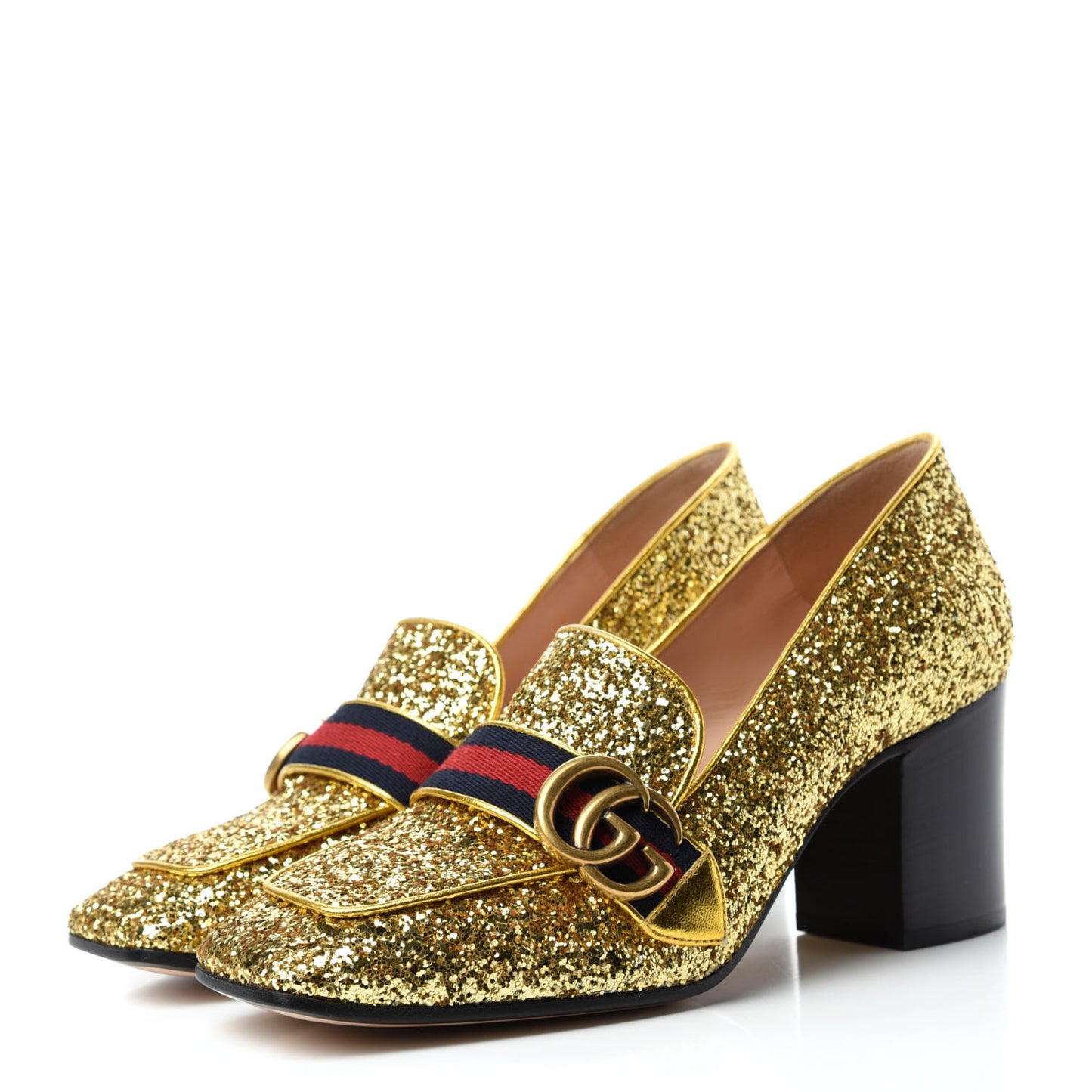 Glitter Nappa Web Peyton 75mm Loafer Pumps 38.5 Oro Vecchio