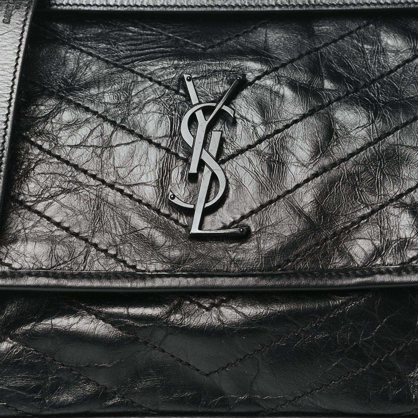 Crinkled Calfskin Matelasse Monogram Medium Niki Chain Satchel Black