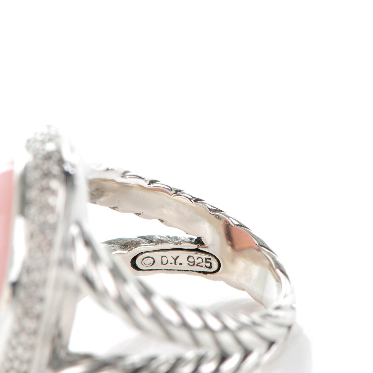 David Yurman Sterling Silver Pink Agate Diamond Signature Oval Ring 6 4 of 4