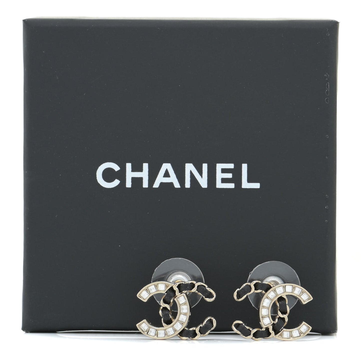 Crystal Baguette Lambskin Chain CC Vintage Allure Stud Earrings Black Gold