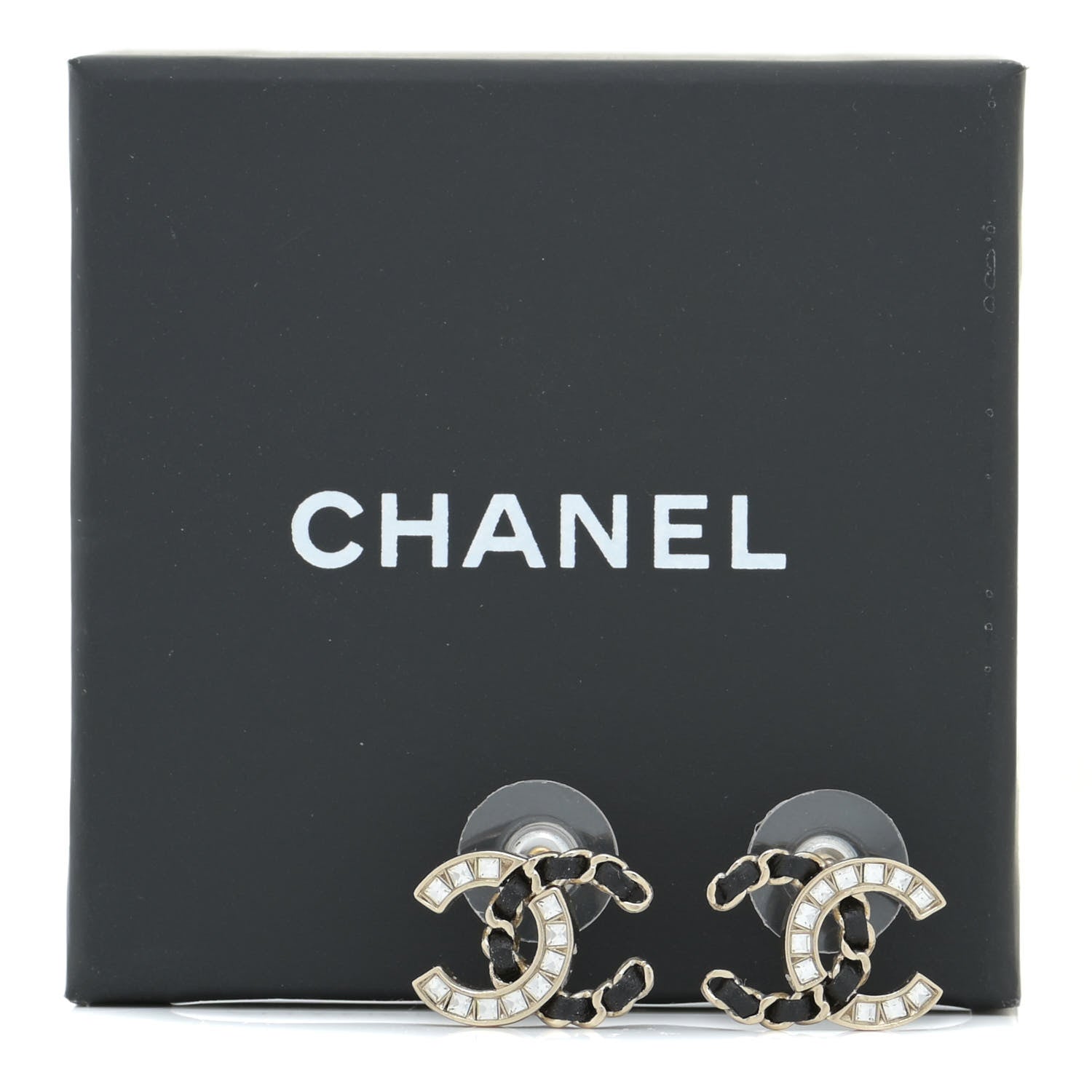 Chanel Crystal Baguette Lambskin Chain CC Vintage Allure Stud Earrings Black Gold 5 of 5