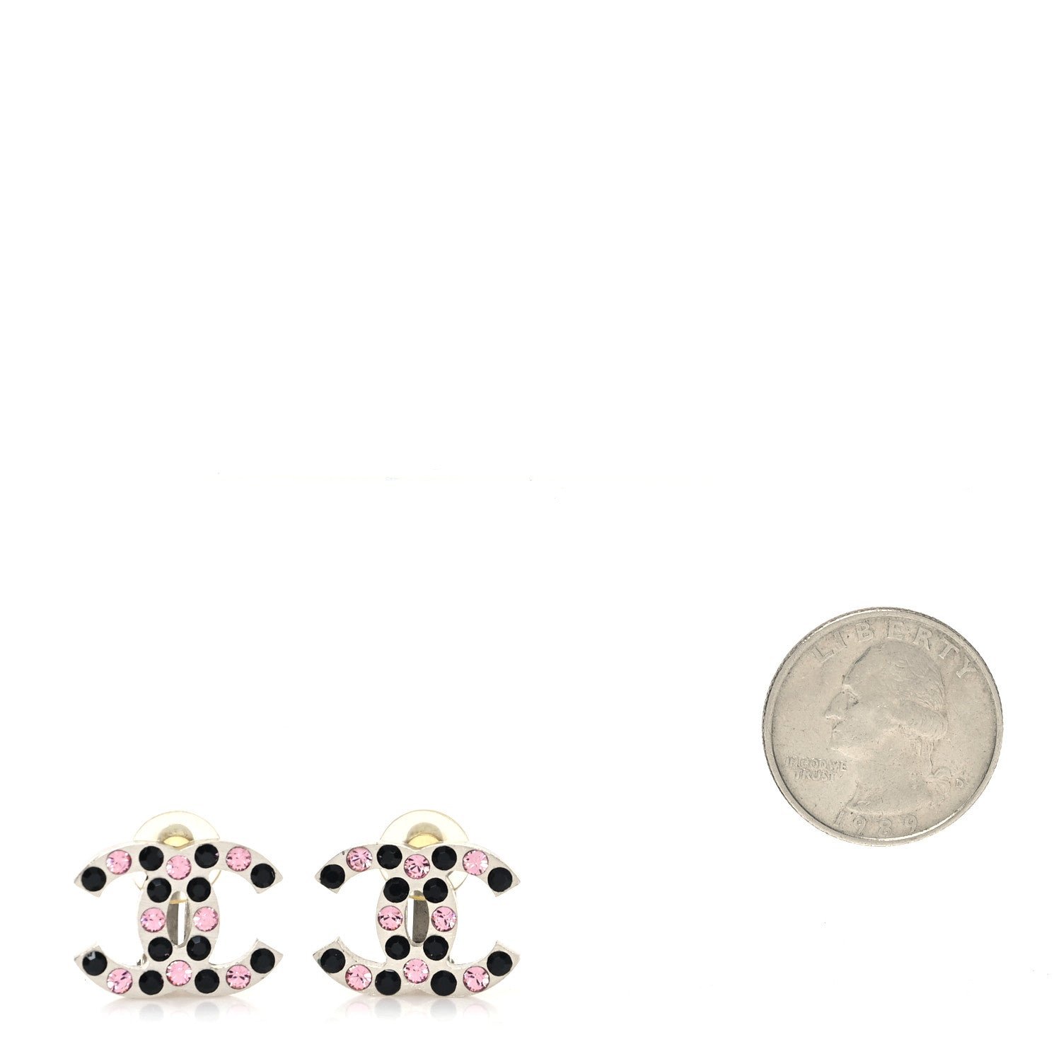 Chanel Crystal CC Clip on Earrings Silver Pink Black 2 of 4