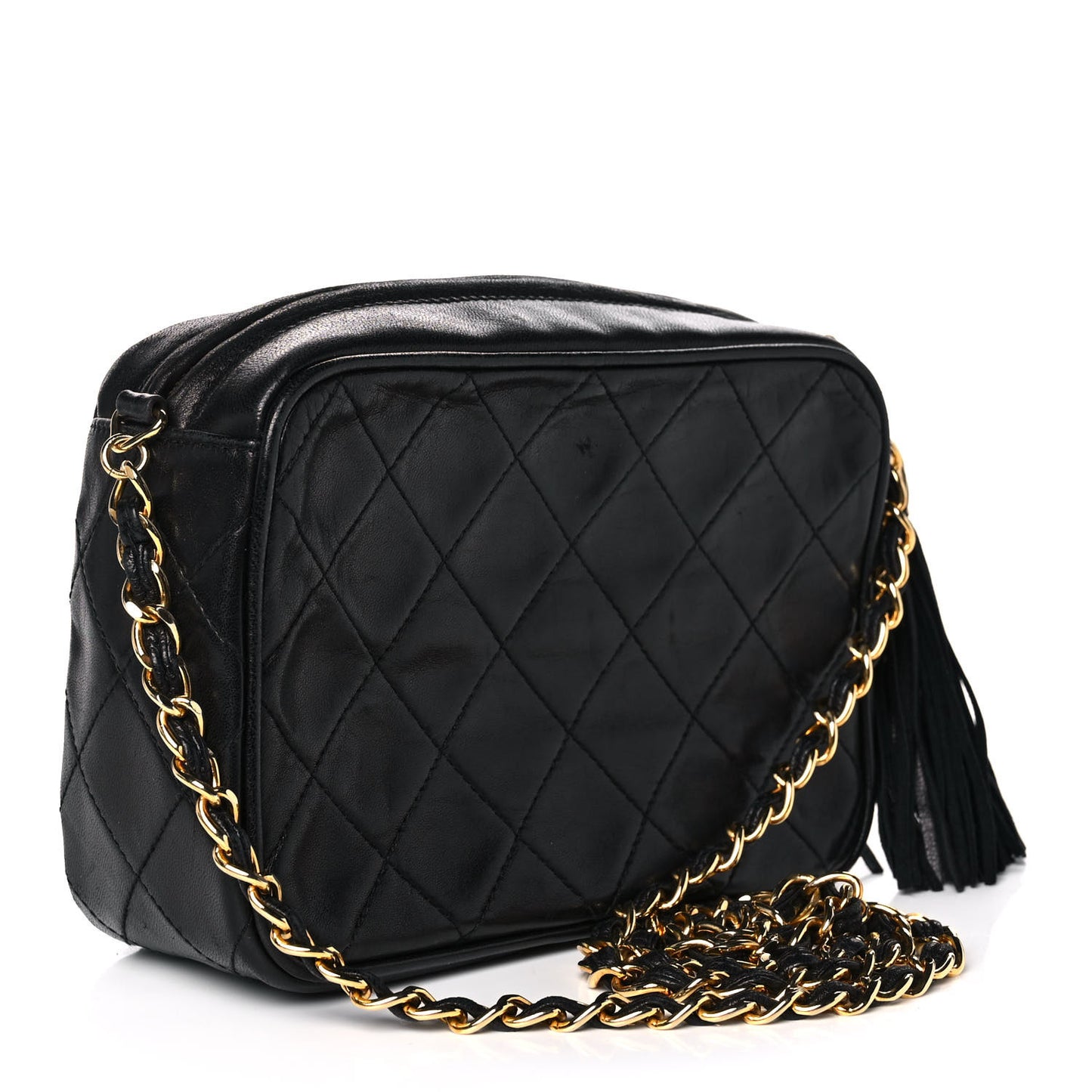 Lambskin Quilted CC Tassel Flap Camera Case Black