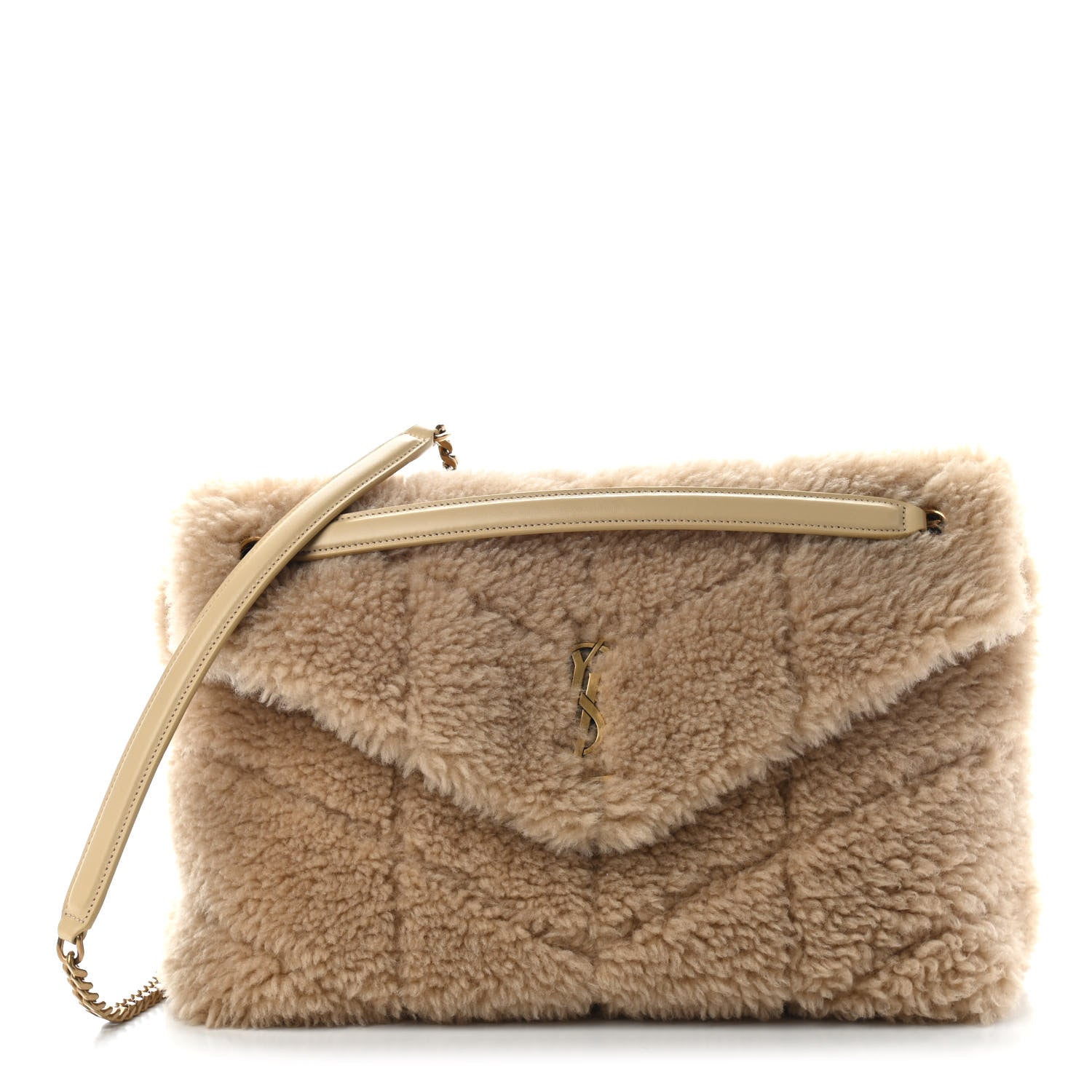 Saint Laurent Shearling Quilted Small Loulou Monogram Chain Satchel Natural Beige 1 of 8