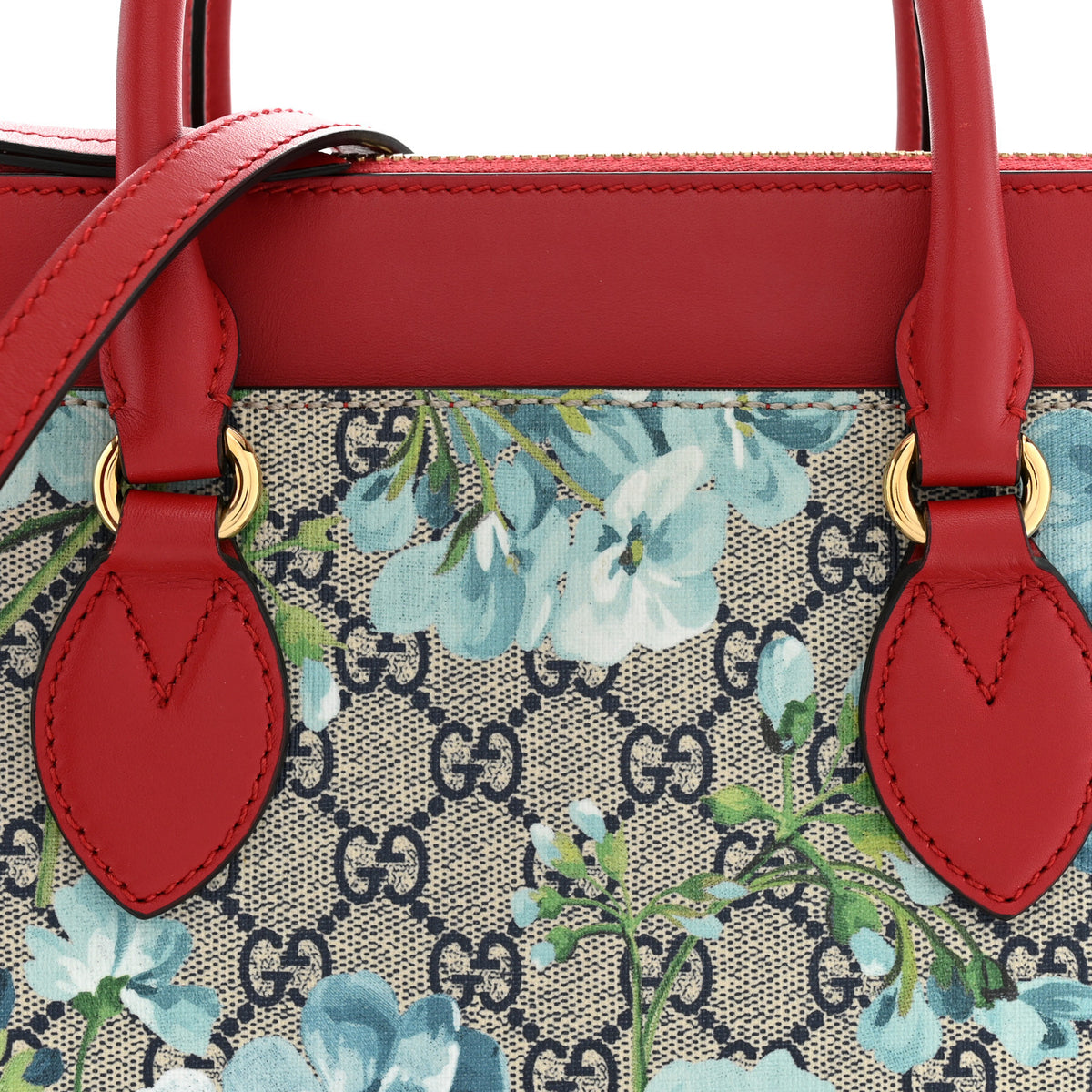 GG Supreme Monogram Blooms Small Zip Top Tote Beige Blue Navy Hibiscus Red