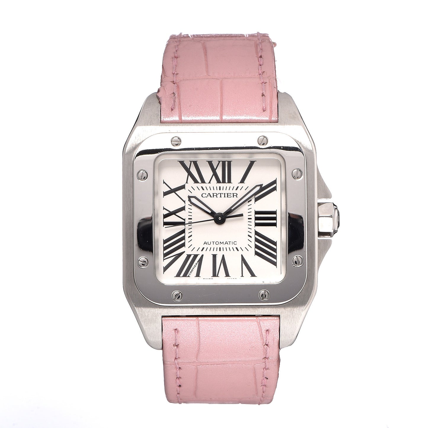 Stainless Steel Alligator 33mm Santos 100 Automatic Watch Pink