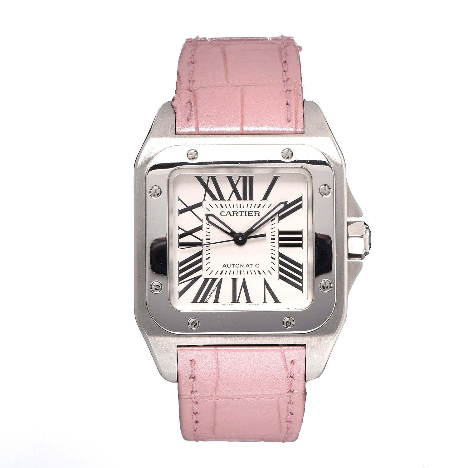 Cartier Stainless Steel Alligator 33mm Santos 100 Automatic Watch Pink 1 of 8