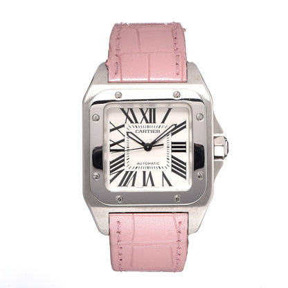 Cartier Stainless Steel Alligator 33mm Santos 100 Automatic Watch Pink 1 of 8