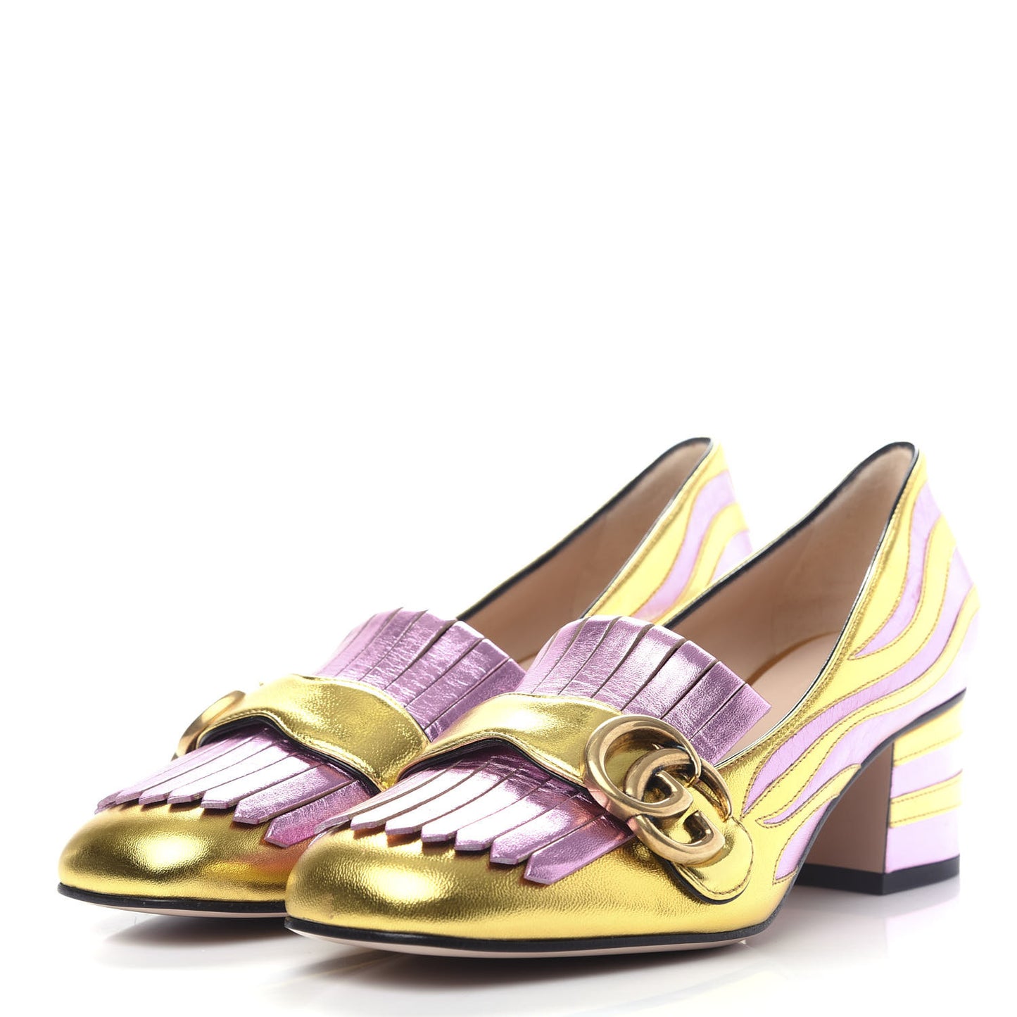 Metallic Nappa Inlay GG Marmont Fringe 50mm Loafer Pumps 36.5 Oro Vecchio Rosa