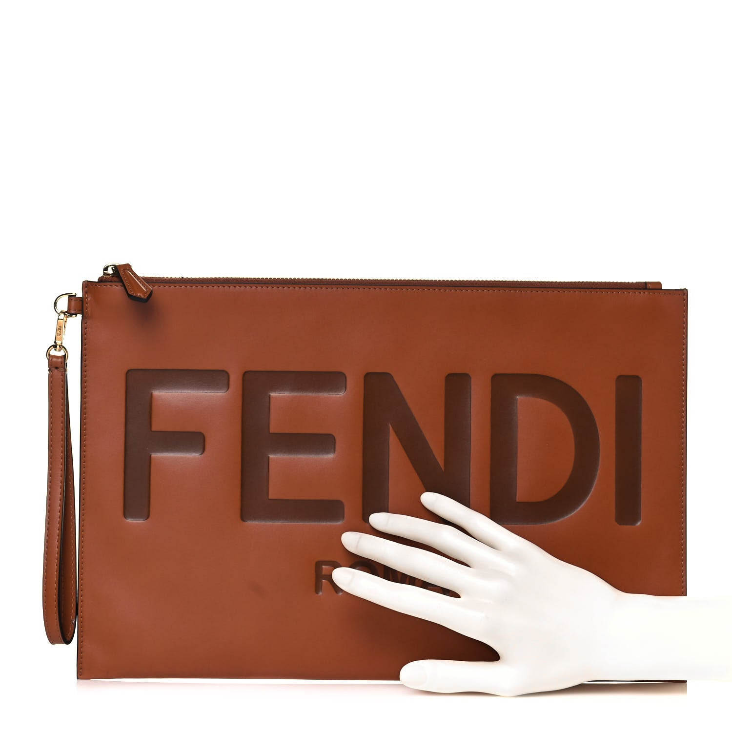 Fendi Vitello King Logo Embossed Large Flat Pouch Cuoio 2 of 12