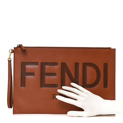 Fendi Vitello King Logo Embossed Large Flat Pouch Cuoio 2 of 12