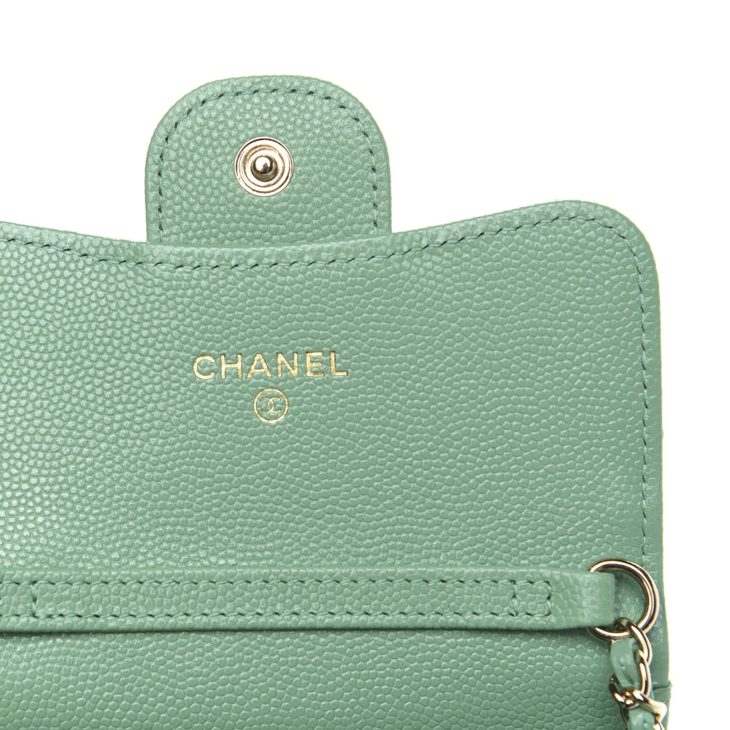 Caviar Quilted Flap Card Holder On Chain Light Green