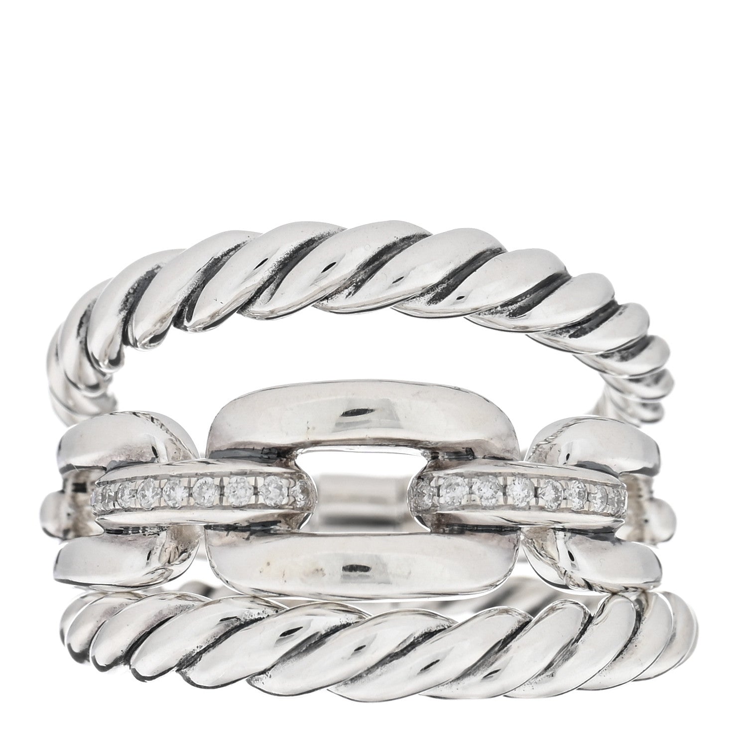 David Yurman Sterling Silver Diamond Wellesley Link Three-Row Ring 54 7 1 of 4